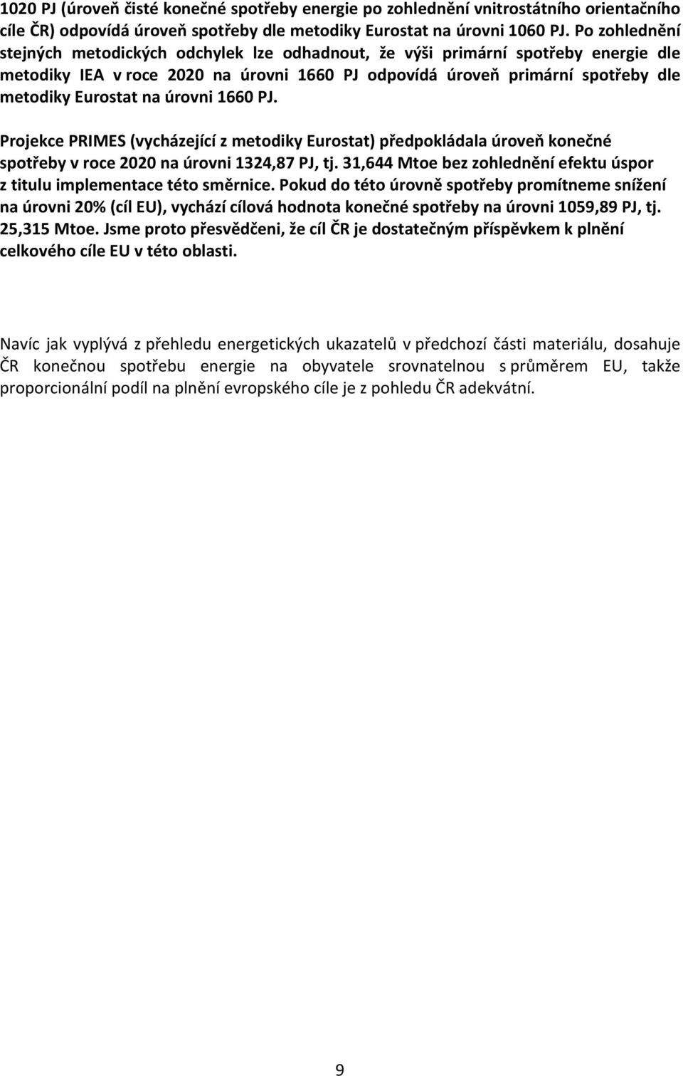 úrovni 1660 PJ. Projekce PRIMES (vycházející z metodiky Eurostat) předpokládala úroveň konečné spotřeby v roce 2020 na úrovni 1324,87 PJ, tj.