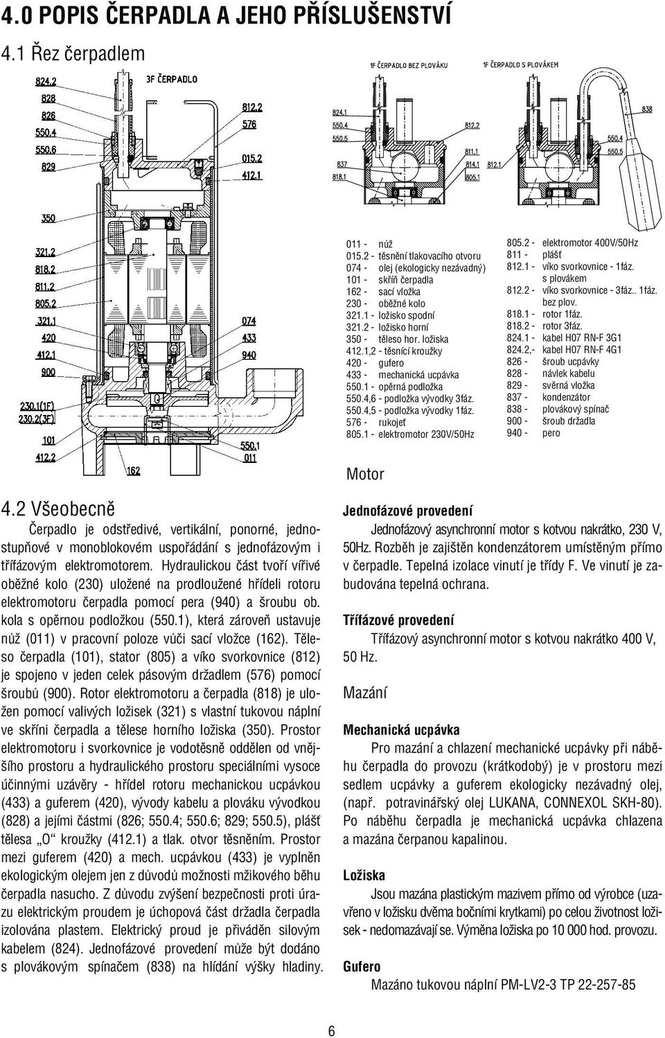 576 - rukojeť 805.1 - elektromotor 230V/50Hz 805.2 - elektromotor 400V/50Hz 811 - plášť 812.1 - víko svorkovnice - 1fáz. s plovákem 812.2 - víko svorkovnice - 3fáz.. 1fáz. bez plov. 818.