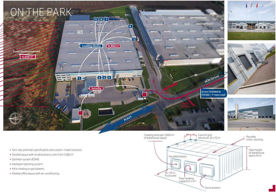 custom-made solutions Flexible layout with small business units from 1,500 m 2 Sprinkler system (ESFR) Intelligent lightning system Infra-heating or gas