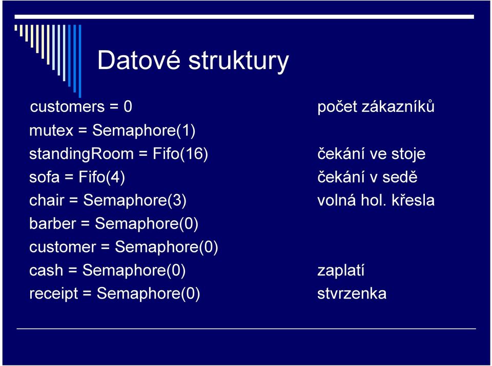 customer = Semaphore(0) cash = Semaphore(0) receipt = Semaphore(0)