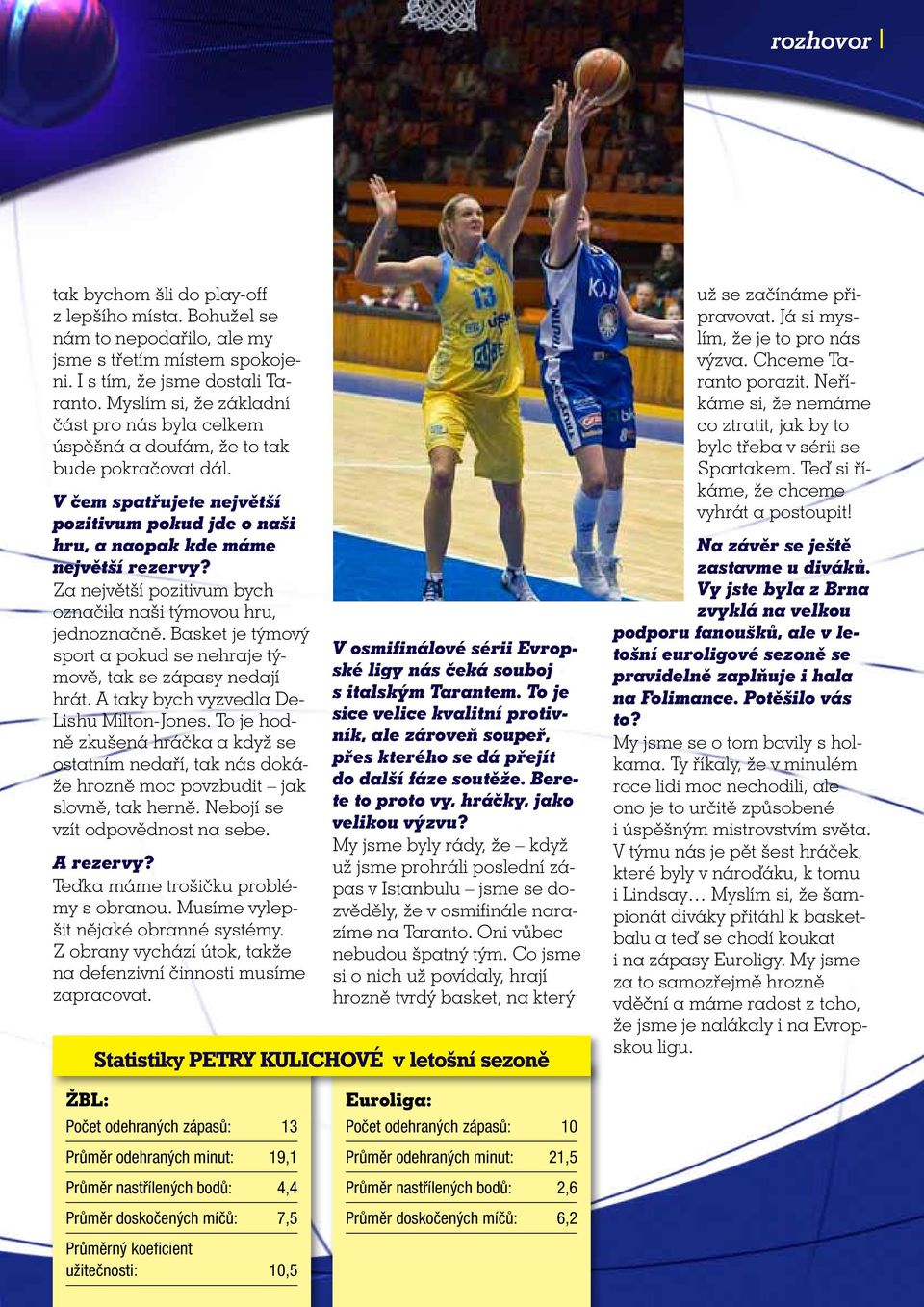 Za největší pozitivum bych označila naši týmovou hru, jednoznačně. Basket je týmový sport a pokud se nehraje týmově, tak se zápasy nedají hrát. A taky bych vyzvedla De- Lishu Milton-Jones.