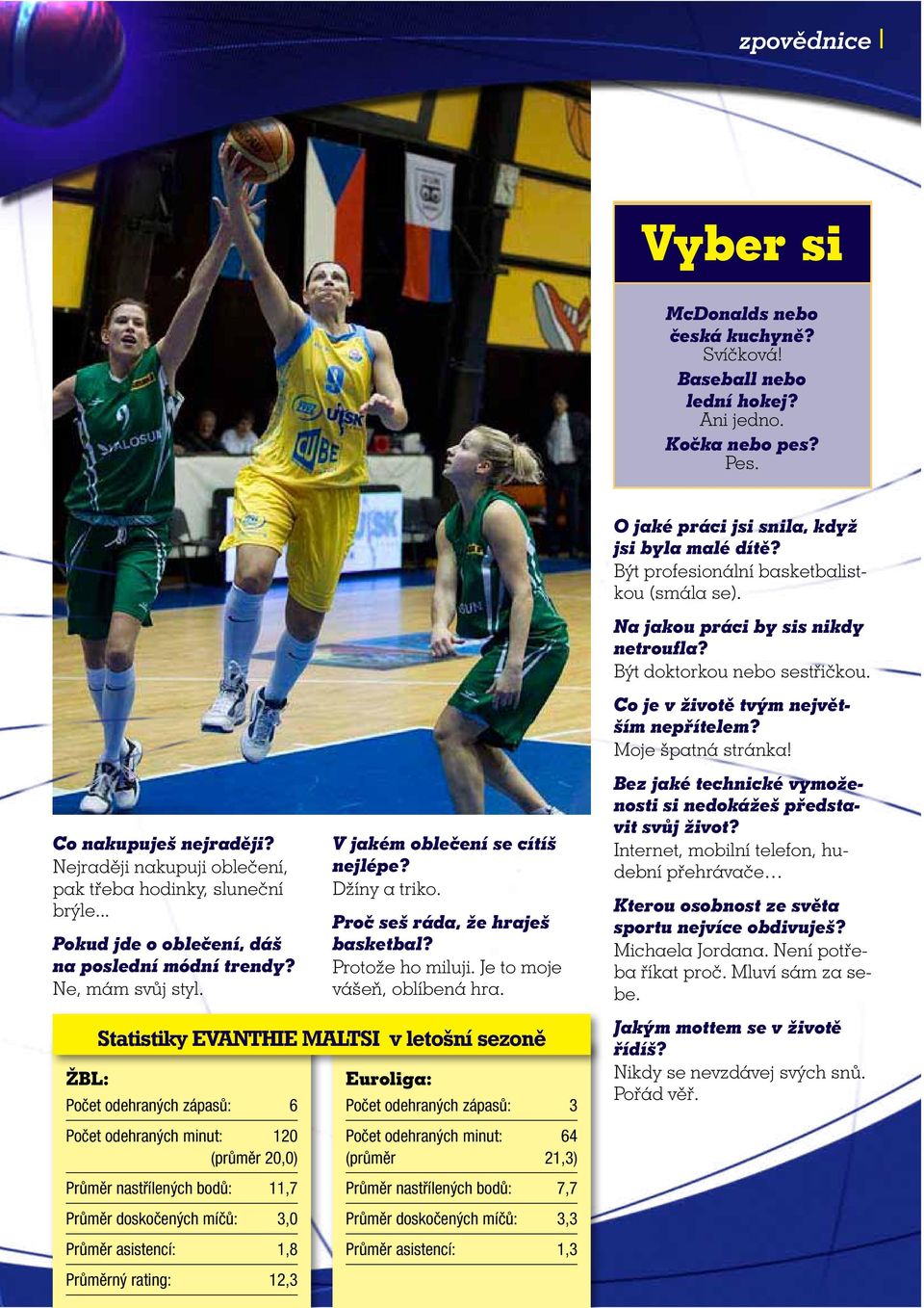 Proč seš ráda, že hraješ basketbal? Protože ho miluji. Je to moje vášeň, oblíbená hra. O jaké práci jsi snila, když jsi byla malé dítě? Být profesionální basketbalistkou (smála se).