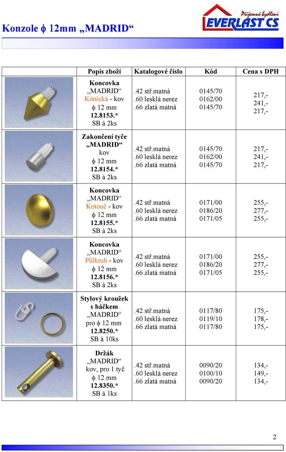 66 zlatá matná 0145/70 0162/00 0145/70 217,- 241,- 217,- MADRID Kotouč - φ 12 mm 12.8155.* SB á 2ks.42 stř.matná.60 lesklá nerez.