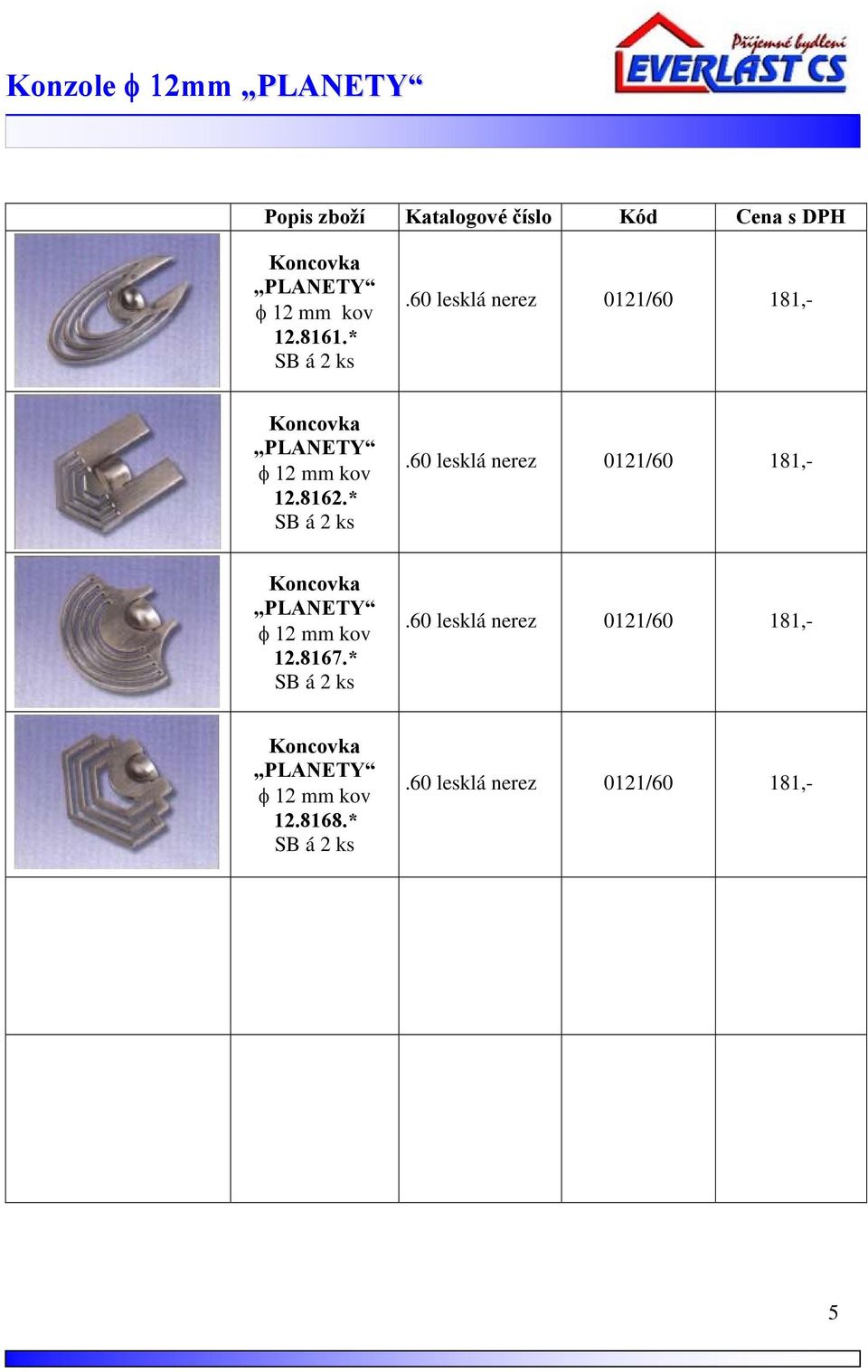 *.60 lesklá nerez 0121/60 181,- PLANETY φ 12 mm 12.8167.*.60 lesklá nerez 0121/60 181,- PLANETY φ 12 mm 12.8168.