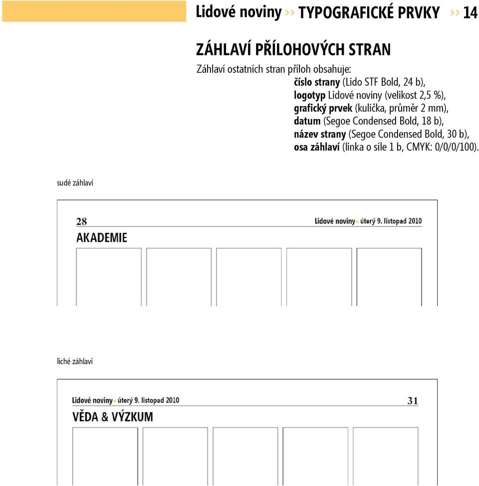 grafický prvek (kulička, průměr 2 mm), datum (Segoe Condensed Bold, 18 b), název strany