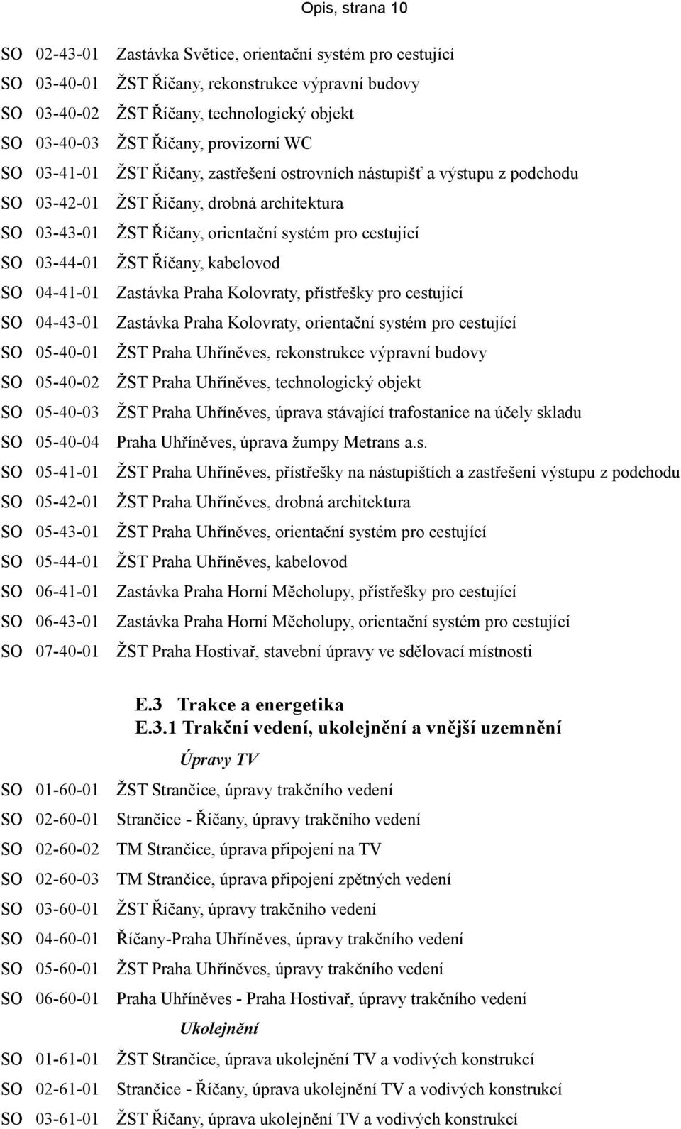 03-44-01 ŽST Říčany, kabelovod SO 04-41-01 Zastávka Praha Kolovraty, přístřešky pro cestující SO 04-43-01 Zastávka Praha Kolovraty, orientační systém pro cestující SO 05-40-01 ŽST Praha Uhříněves,