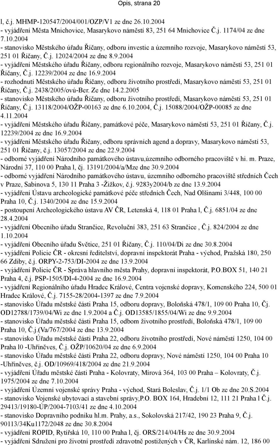 j. 2438/2005/ovú-Ber. Ze dne 14.2.2005 - stanovisko Městského úřadu Říčany, odboru životního prostředí, Masarykovo náměstí 53, 251 01 Říčany, Č.j. 13118/2004/OŽP-00163 ze dne 6.10.2004, Č.j. 15088/2004/OŽP-00085 ze dne 4.