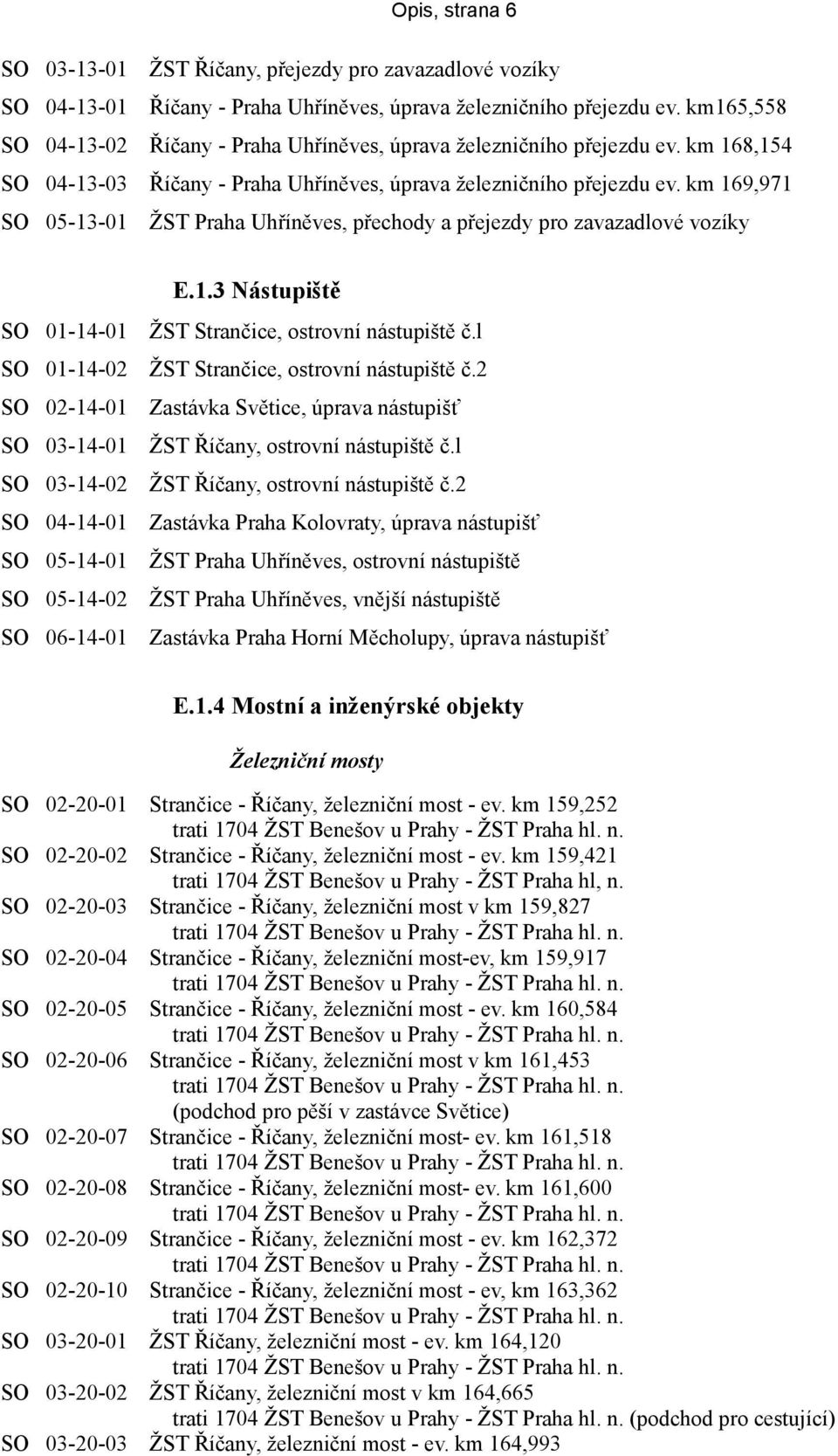 km 169,971 SO 05-13-01 ŽST Praha Uhříněves, přechody a přejezdy pro zavazadlové vozíky E.1.3 Nástupiště SO 01-14-01 ŽST Strančice, ostrovní nástupiště č.