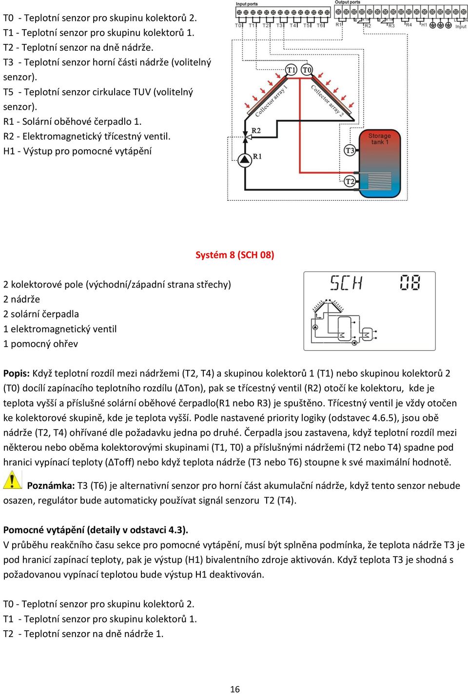H1 - Výstup pro pomocné vytápění Systém 8 (SCH 08) 2 kolektorové pole (východní/západní strana střechy) 2 nádrže 2 solární čerpadla 1 elektromagnetický ventil 1 pomocný ohřev Popis: Když teplotní