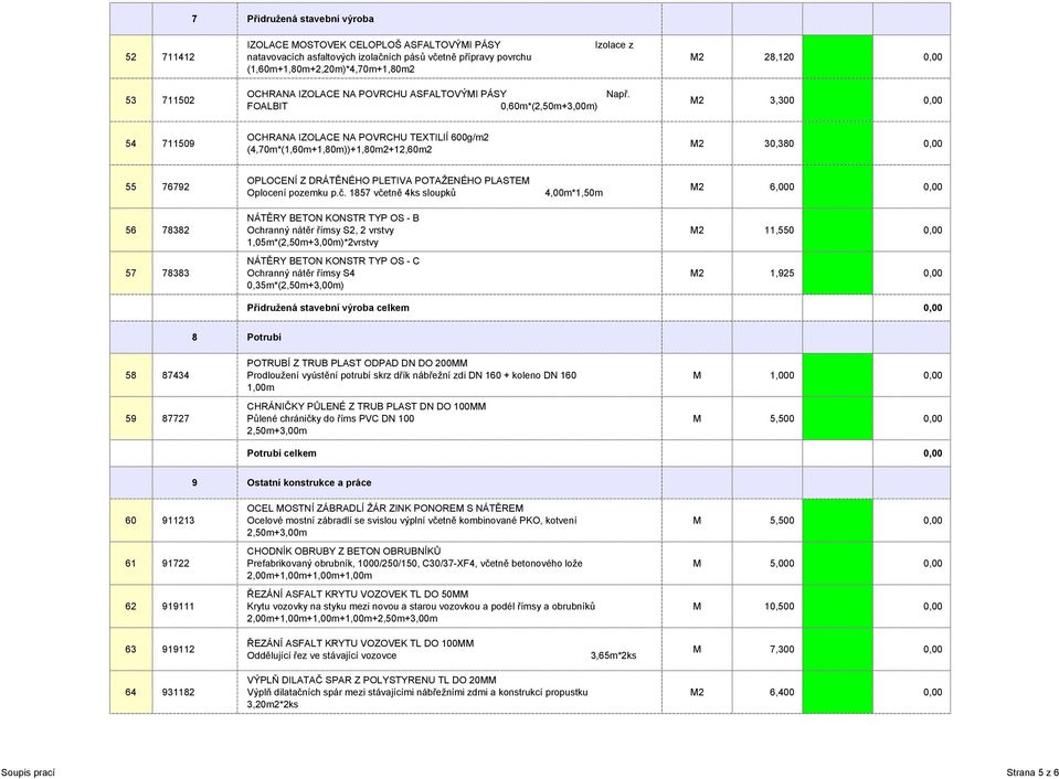 FOALBIT 0,60m*(2,50m+3,00m) M2 28,120 0,00 M2 3,300 0,00 54 711509 OCHRANA IZOLACE NA POVRCHU TEXTILIÍ 600g/m2 (4,70m*(1,60m+1,80m))+1,80m2+12,60m2 M2 30,380 0,00 55 76792 56 78382 57 78383 OPLOCENÍ