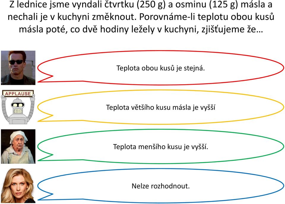 Porovnáme-li teplotu obou kusů másla poté, co dvě hodiny ležely v kuchyni,