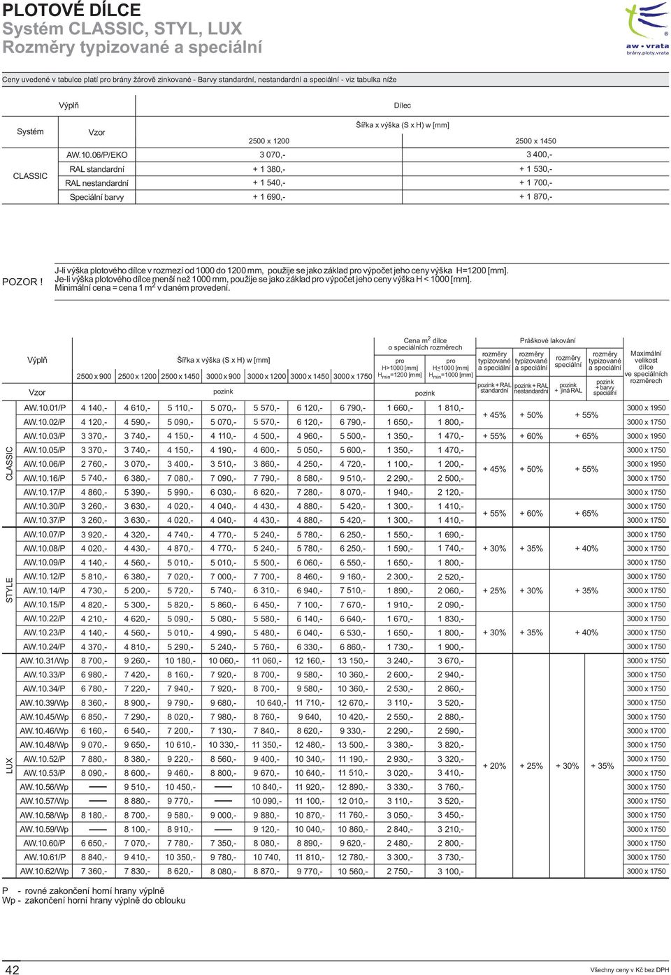 06/P/EKO RL standardní RL nestandardní Speciální barvy Dílec Šíøka x výška (S x H) w [mm] 2500 x 200 2500 x 450 3 070,- 3 400,- + 380,- + 530,- + 540,- + 700,- + 690,- + 870,- J-li výška plotového