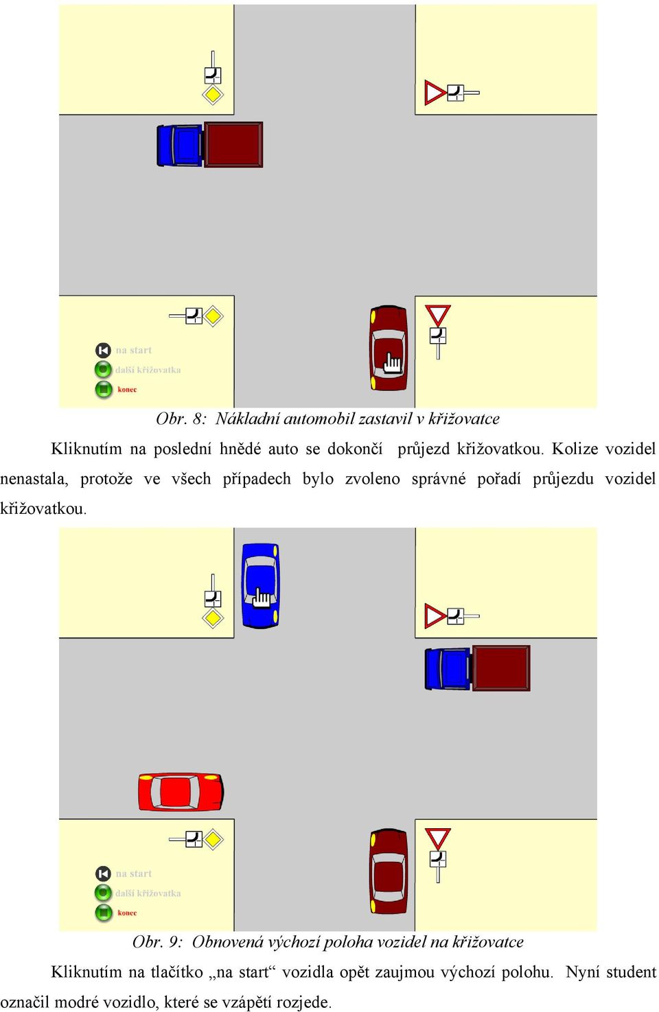 Kolize vozidel nenastala, protože ve všech případech bylo zvoleno správné pořadí průjezdu vozidel 