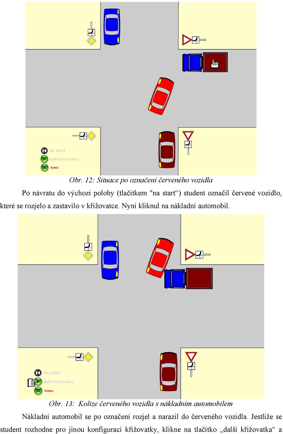 13: Kolize červeného vozidla s nákladním automobilem Nákladní automobil se po označení rozjel a narazil do