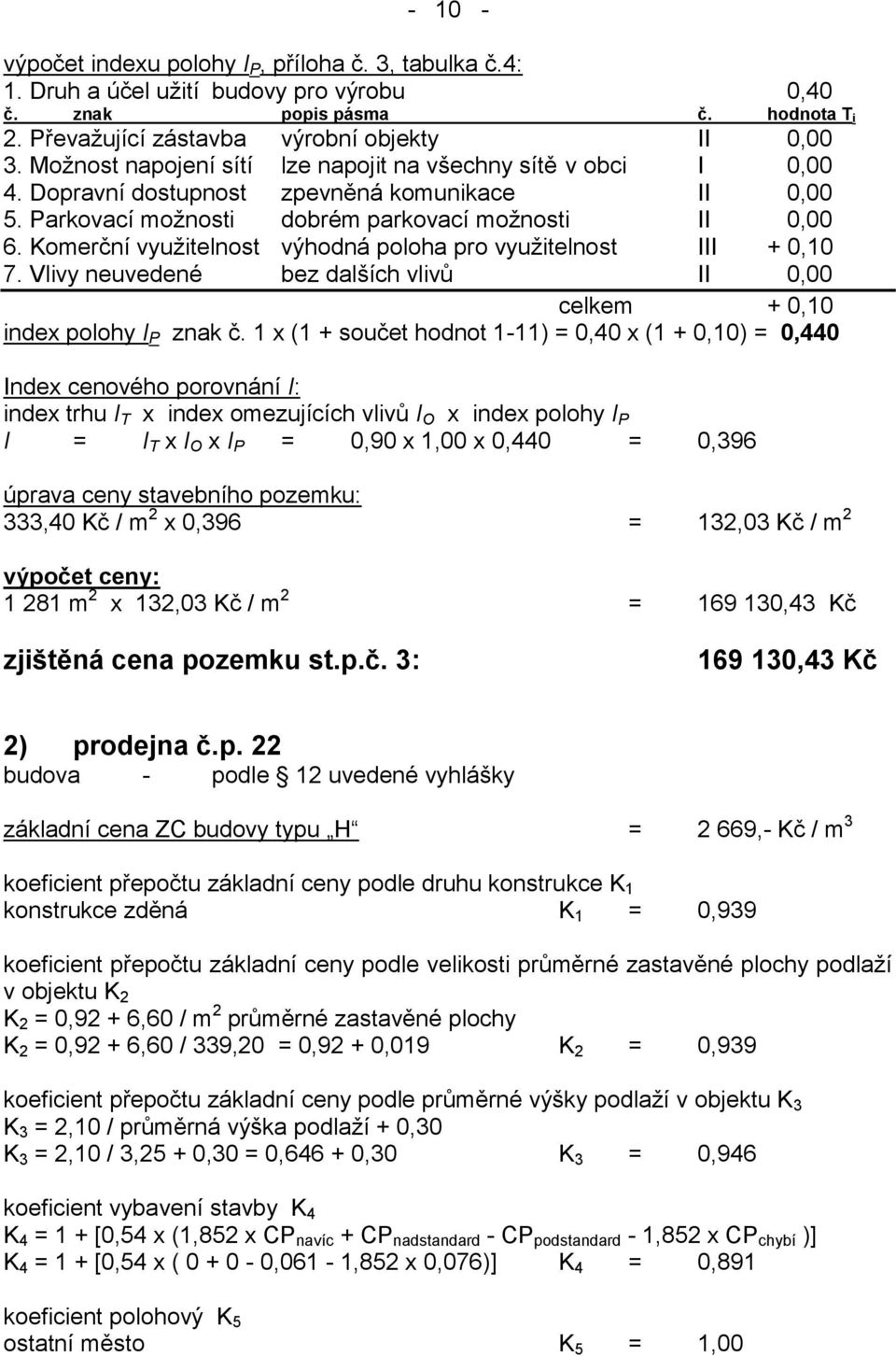 Komerční využitelnost výhodná poloha pro využitelnost III + 0,10 7. Vlivy neuvedené bez dalších vlivů II 0,00 celkem + 0,10 index polohy I P znak č.