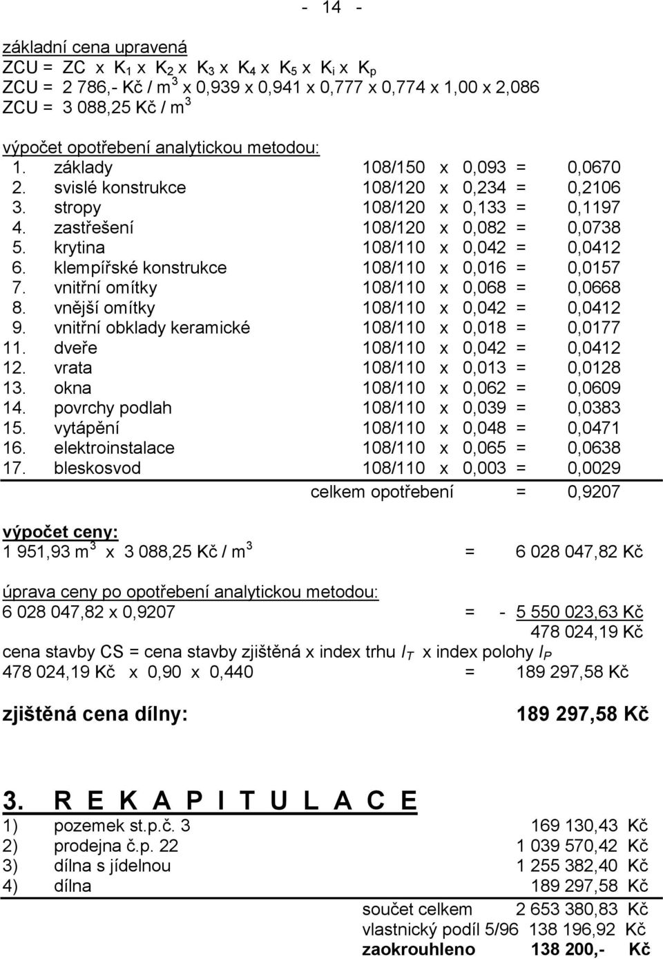 krytina 108/110 x 0,042 = 0,0412 6. klempířské konstrukce 108/110 x 0,016 = 0,0157 7. vnitřní omítky 108/110 x 0,068 = 0,0668 8. vnější omítky 108/110 x 0,042 = 0,0412 9.