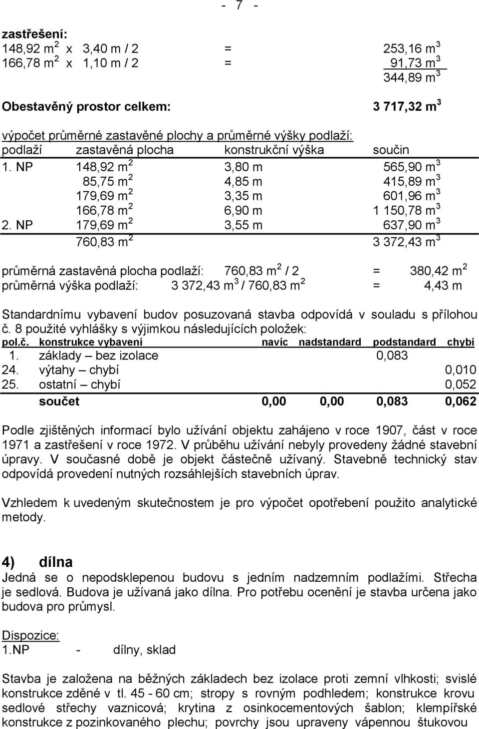 NP 179,69 m 2 3,55 m 637,90 m 3 760,83 m 2 3 372,43 m 3 průměrná zastavěná plocha podlaží: 760,83 m 2 / 2 = 380,42 m 2 průměrná výška podlaží: 3 372,43 m 3 / 760,83 m 2 = 4,43 m Standardnímu vybavení