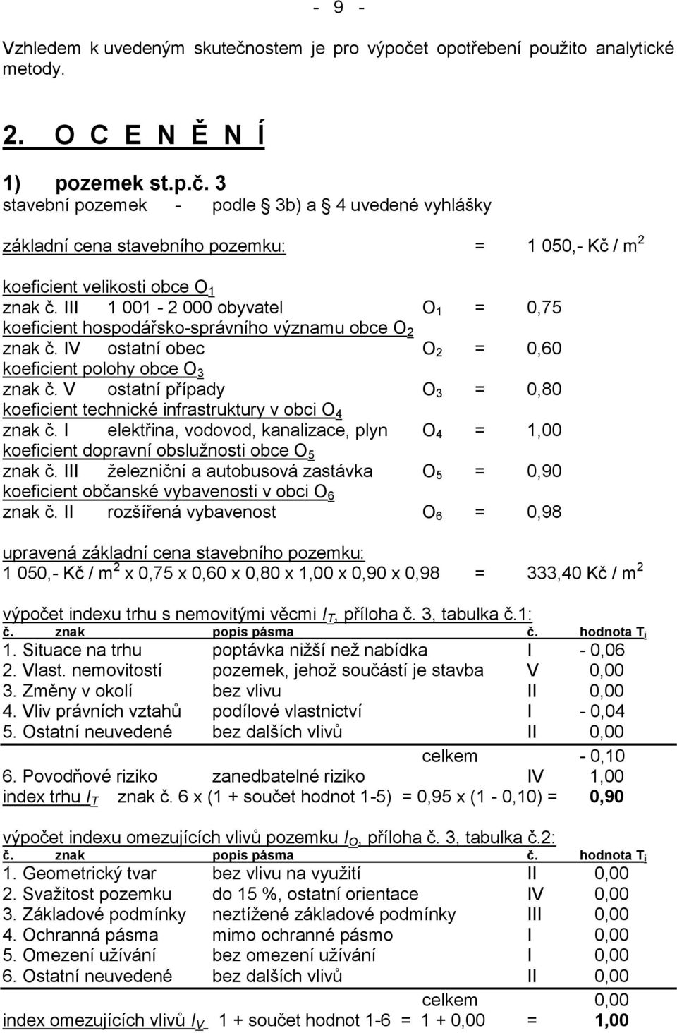 V ostatní případy O 3 = 0,80 koeficient technické infrastruktury v obci O 4 znak č. I elektřina, vodovod, kanalizace, plyn O 4 = 1,00 koeficient dopravní obslužnosti obce O 5 znak č.