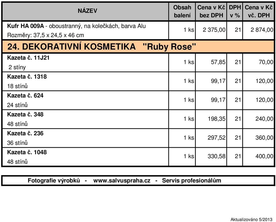 DEKORATIVNÍ KOSMETIKA "Ruby Rose" Kazeta č. 11J 2 stíny Kazeta č. 1318 18 stínů Kazeta č.