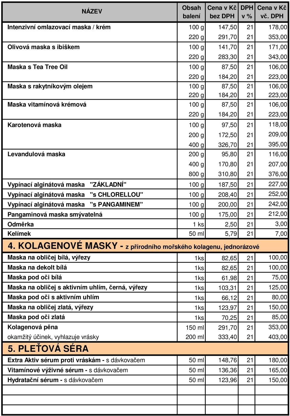 223,00 Maska s rakytníkovým olejem 100 g 87,50 106,00 220 g 184,20 223,00 Maska vitamínová krémová 100 g 87,50 106,00 220 g 184,20 223,00 Karotenová maska 100 g 97,50 118,00 200 g 172,50 209,00 400 g