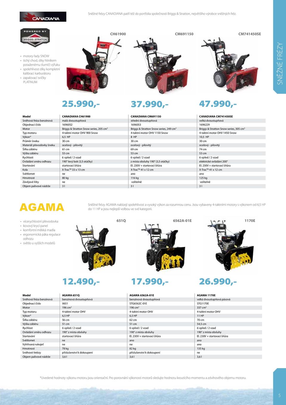 CANADIANA CH61900 CANADIANA CM691150 CANADIANA CM741450SE Sněhová fréza benzínová malá dvoustupňová střední dvoustupňová velká dvoustupňová Objednací číslo 1696052 1696053 1696229 Motor Briggs &