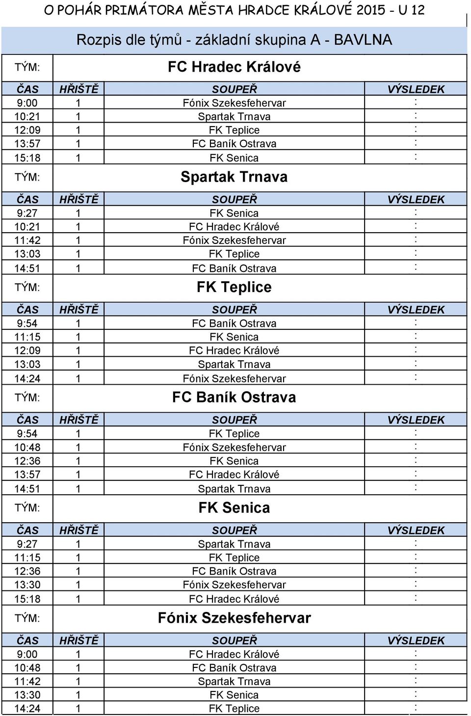 FC Baník Ostrava : 11:15 1 FK Senica : 12:09 1 FC Hradec Králové : 13:03 1 Spartak Trnava : 14:24 1 Fónix Szekesfehervar : FC Baník Ostrava 9:54 1 FK Teplice : 10:48 1 Fónix Szekesfehervar : 12:36 1