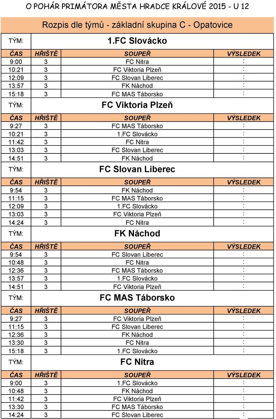 FC Slovácko : 11:42 3 FC Nitra : 13:03 3 FC Slovan Liberec : 14:51 3 FK Náchod : FC Slovan Liberec 9:54 3 FK Náchod : 11:15 3 FC MAS Táborsko : 12:09 3 1.
