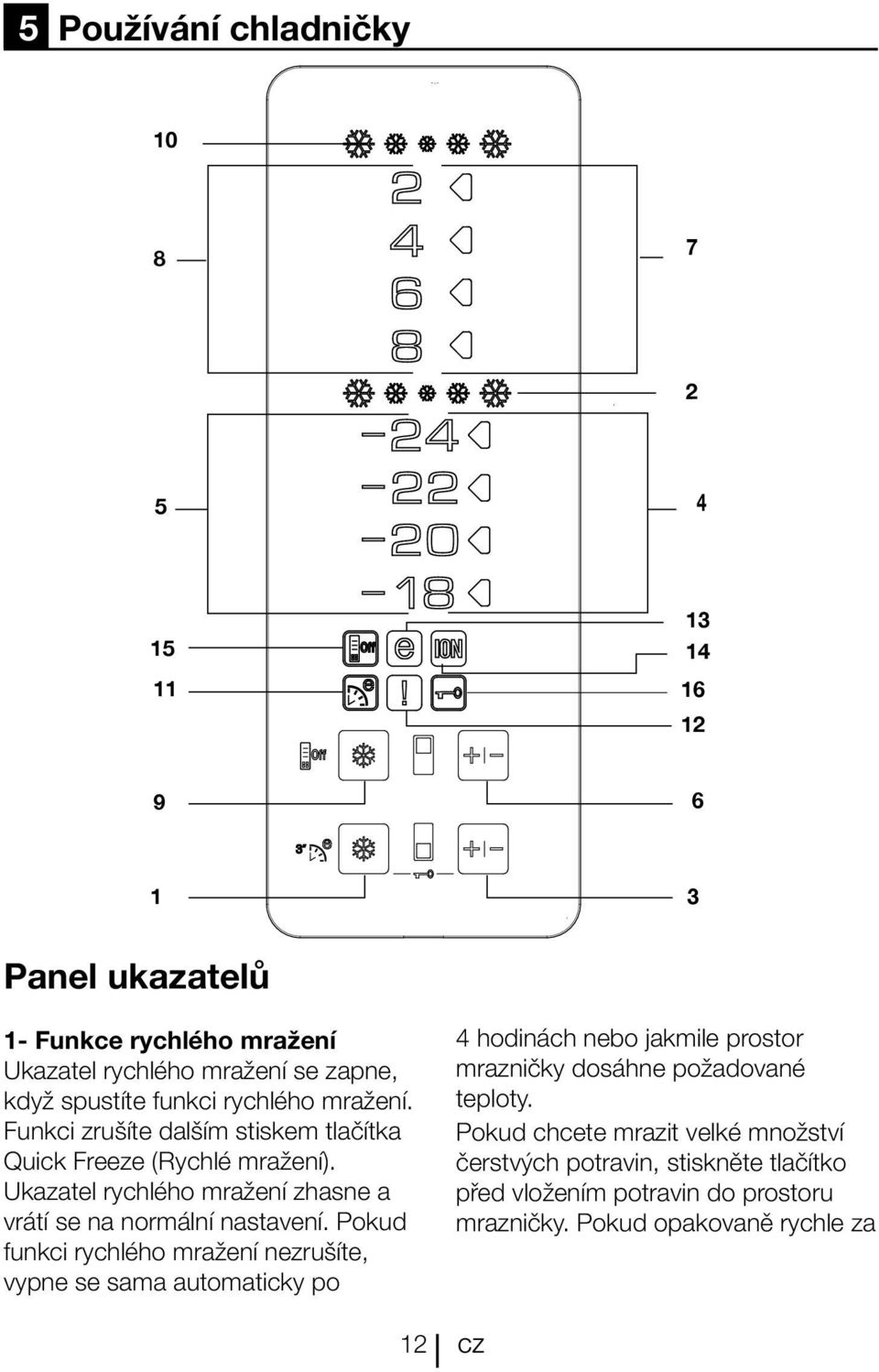 Ukazatel rychlého mražení zhasne a vrátí se na normální nastavení.