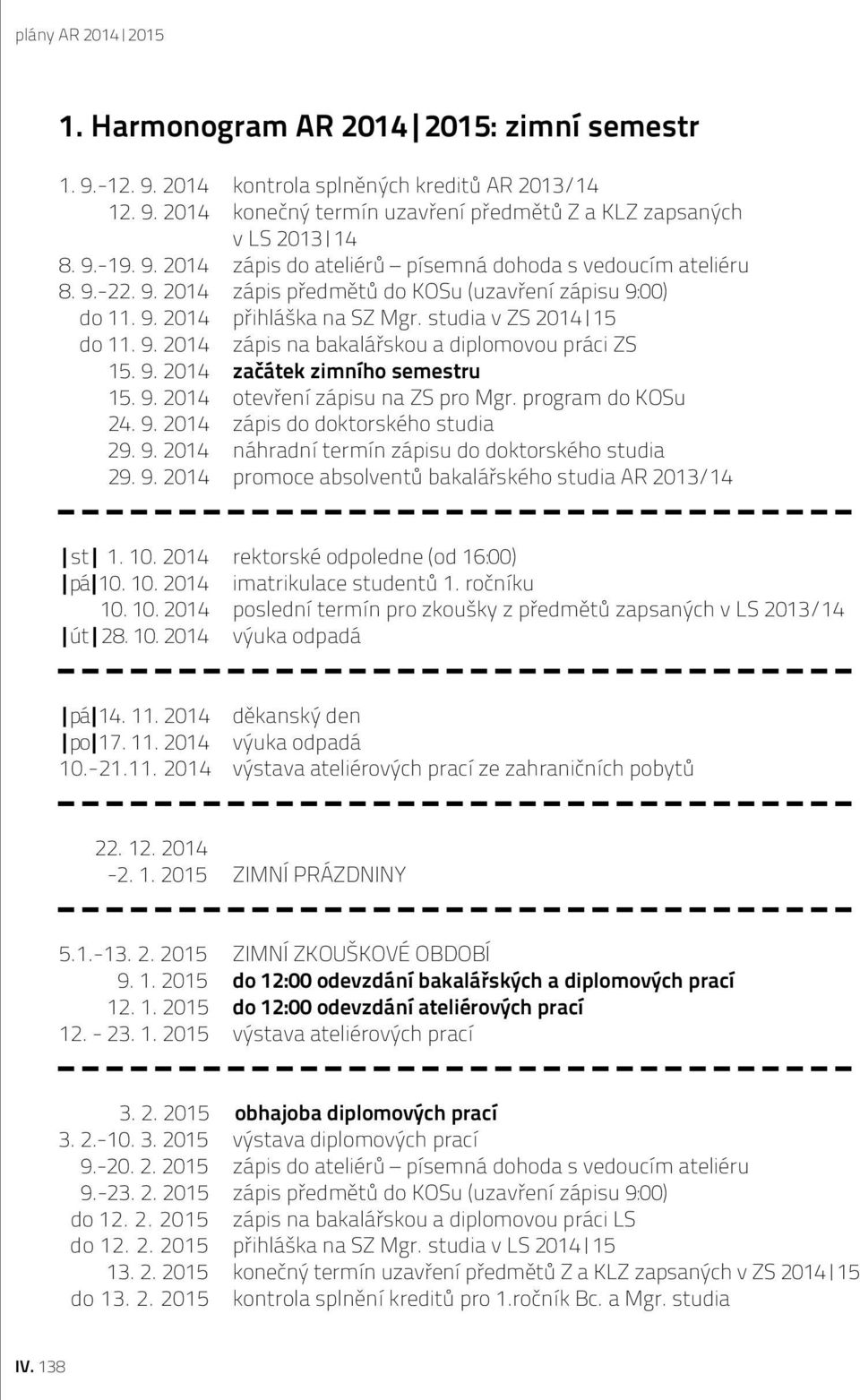 9. 2014 začátek zimního semestru 15. 9. 2014 otevření zápisu na ZS pro Mgr. program do KOSu 24. 9. 2014 zápis do doktorského studia 29. 9. 2014 náhradní termín zápisu do doktorského studia 29. 9. 2014 promoce absolventů bakalářského studia AR 2013/14 st 1.