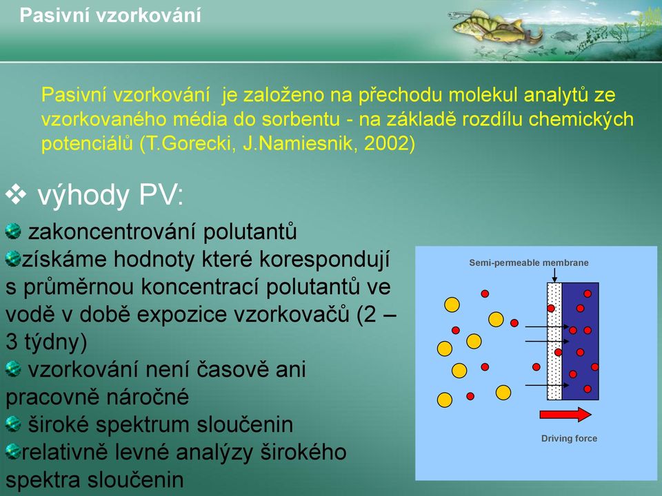 Namiesnik, 2002) výhody PV: zakoncentrování polutantů získáme hodnoty které korespondují s průměrnou koncentrací polutantů