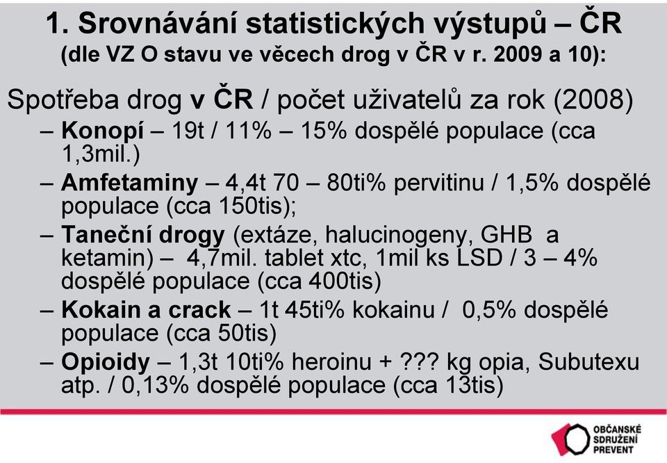 ) Amfetaminy 4,4t 70 80ti% pervitinu / 1,5% dospělé populace (cca 150tis); Taneční drogy (extáze, halucinogeny, GHB a ketamin) 4,7mil.