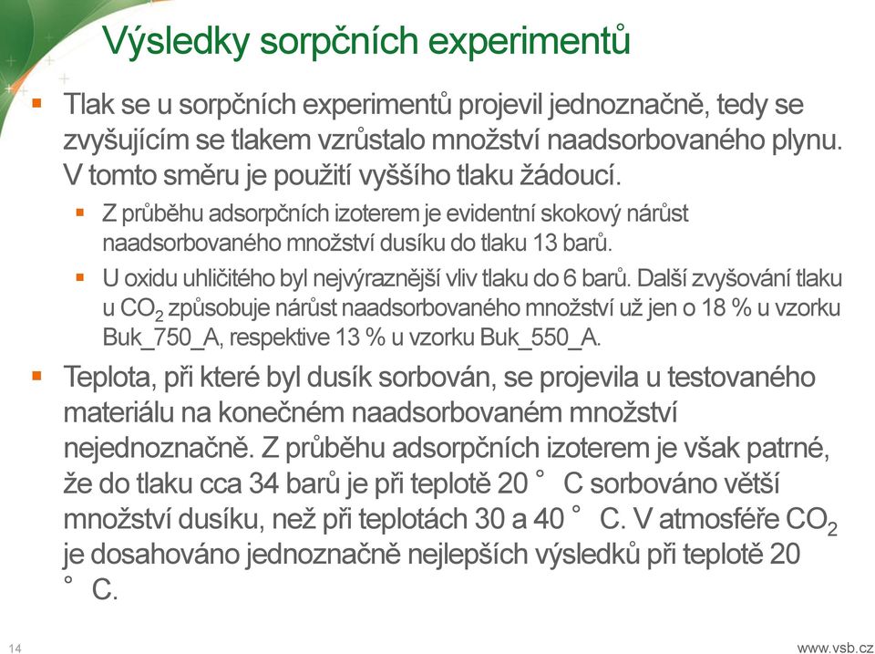 U oxidu uhličitého byl nejvýraznější vliv tlaku do 6 barů. Další zvyšování tlaku u CO 2 způsobuje nárůst naadsorbovaného množství už jen o 18 % u vzorku Buk_750_A, respektive 13 % u vzorku Buk_550_A.