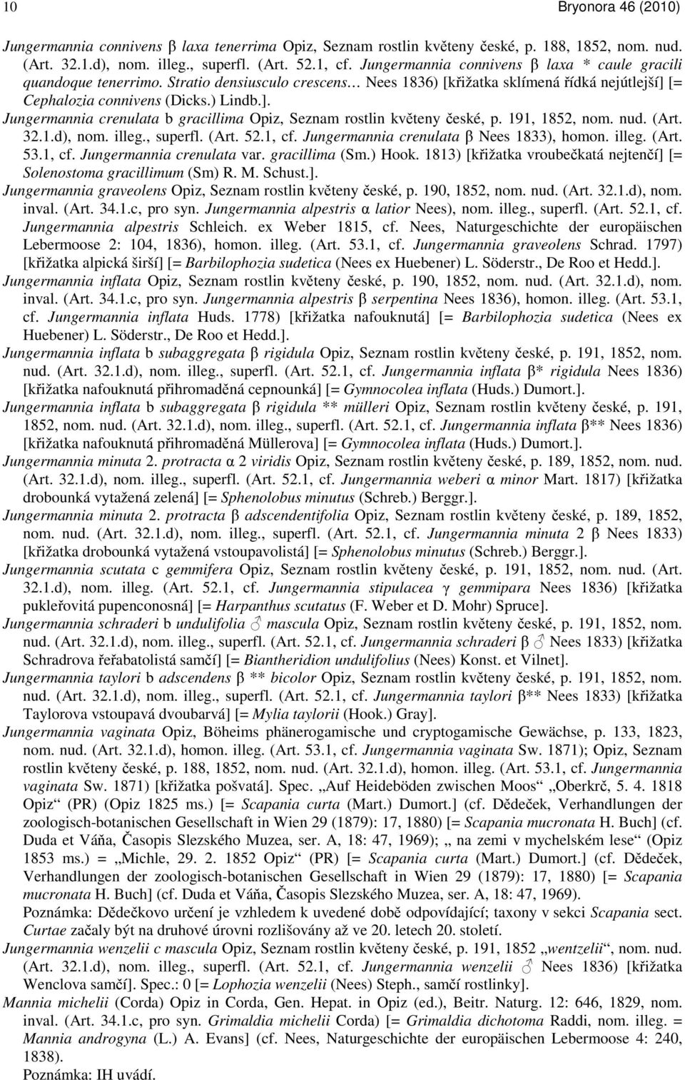 [= Cephalozia connivens (Dicks.) Lindb.]. Jungermannia crenulata b gracillima Opiz, Seznam rostlin květeny české, p. 191, 1852, nom. nud. (Art. 32.1.d), nom. illeg., superfl. (Art. 52.1, cf.