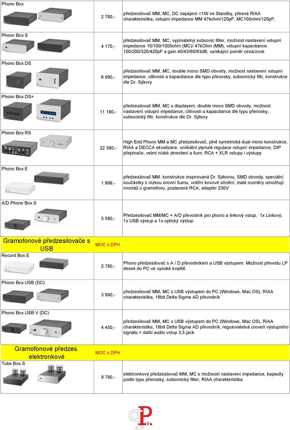 cena/zvuk předzesilovač MM, MC, double mono SMD obvody, možnost nastavení vstupní impedance, citlivosti a kapacitance dle typu přenosky, subsonický filtr, konstrukce dle Dr.