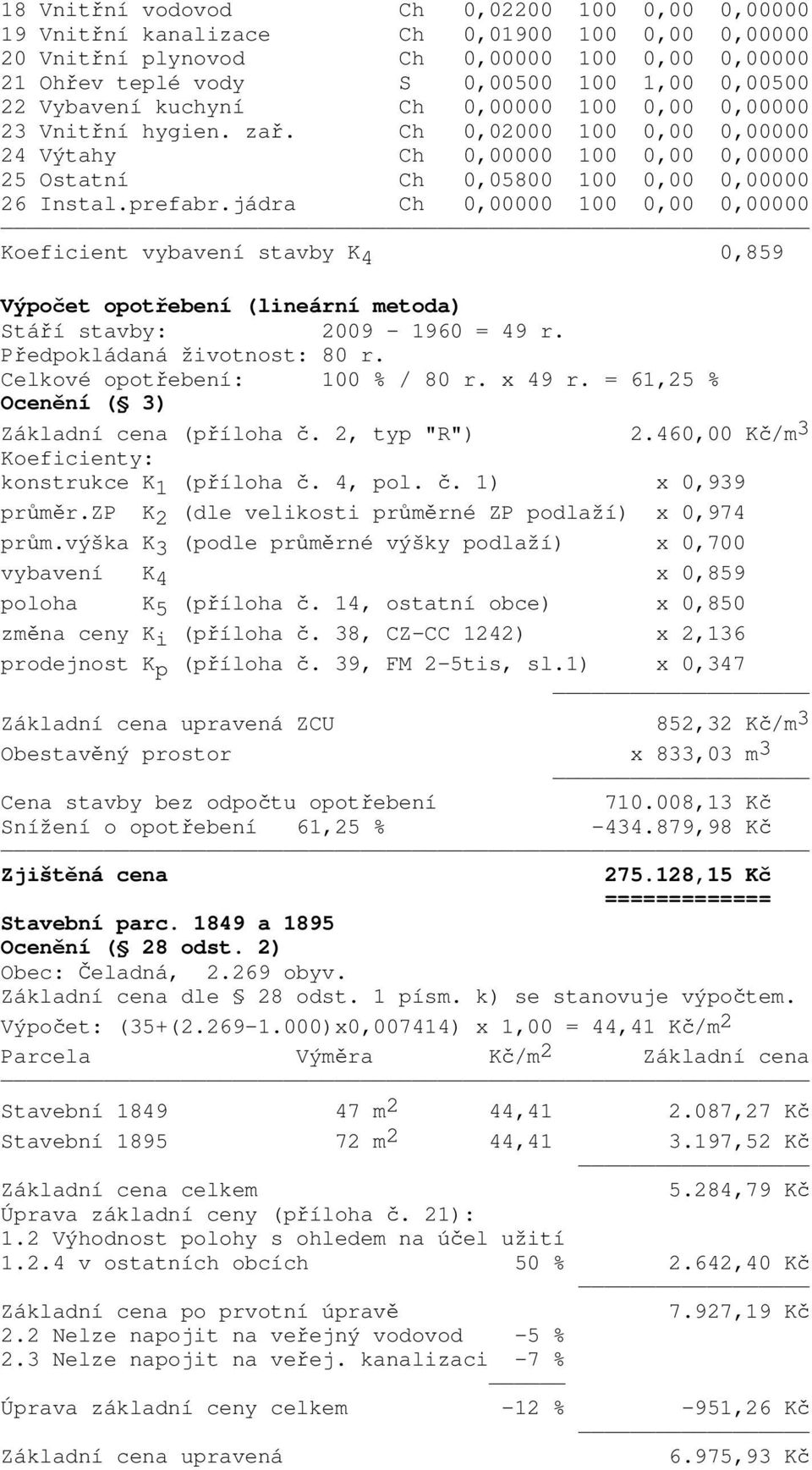 jádra Ch 0,00000 100 0,00 0,00000 Koeficient vybavení stavby K 4 0,859 Výpočet opotřebení (lineární metoda) Stáří stavby: 2009-1960 = 49 r. Předpokládaná životnost: 80 r.