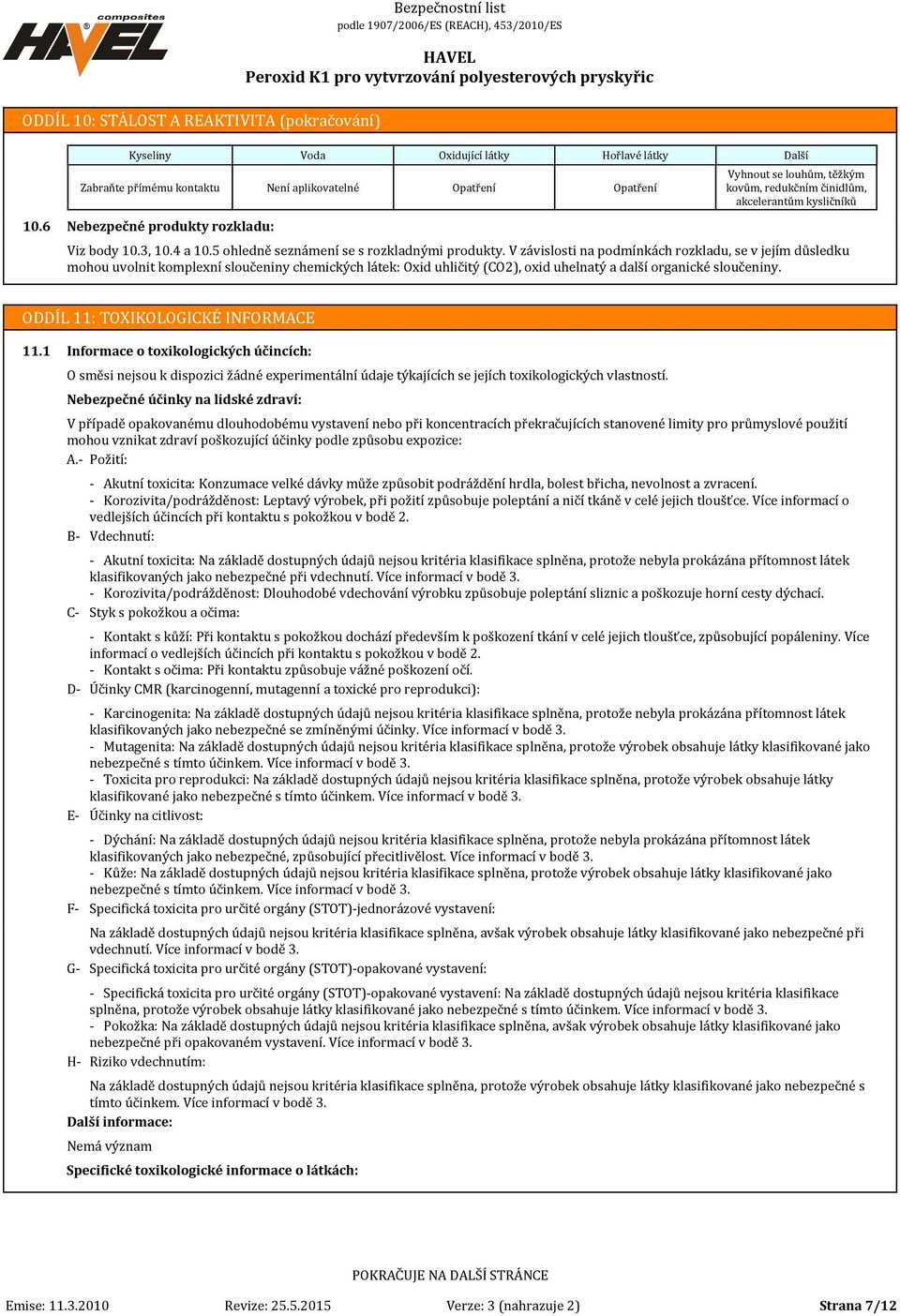 akcelerantům kysličníků Viz body 10.3, 10.4 a 10.5 ohledně seznámení se s rozkladnými produkty.