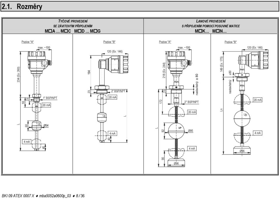 ~100 120 (Ex: 146) 234 (Ex: 260) 55 23 1" BSP/NPT 20 ma 194 23 2" BSP/NPT 20 ma 172 218 (Ex: 244) 23 nastavitelný: ±80 2"