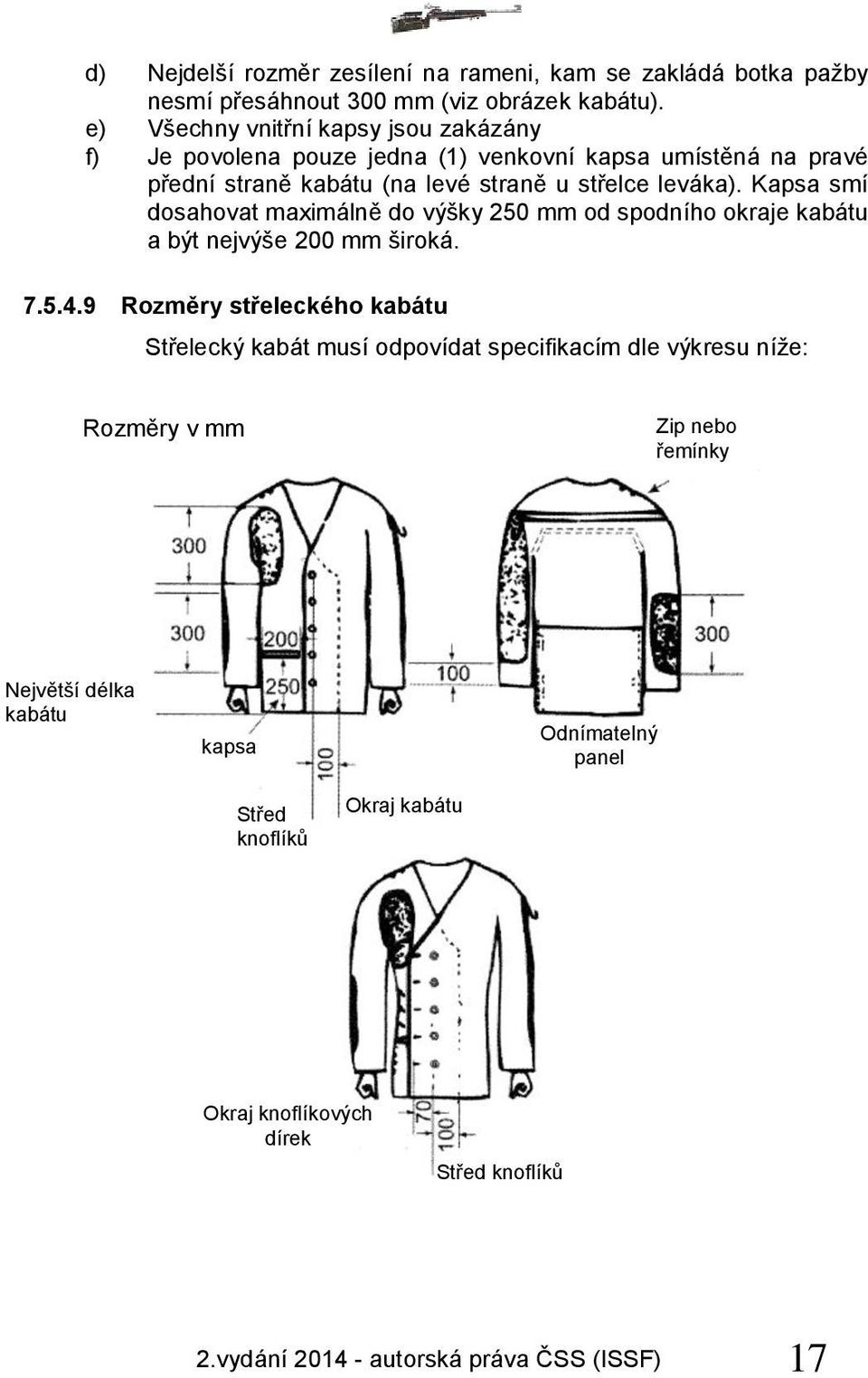 leváka). Kapsa smí dosahovat maximálně do výšky 250 mm od spodního okraje kabátu a být nejvýše 200 mm široká. 7.5.4.