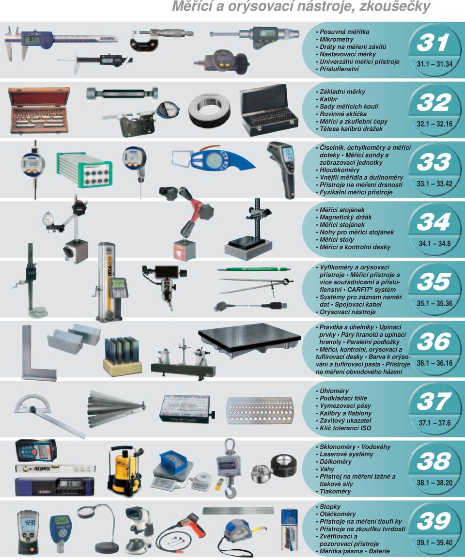 úchylkoměry a měřící doteky Měřící sondy a zobrazovací jednotky Hloubkoměry Vnějflí měřidla a dutinoměry Přístroje na měření drsnosti Fyzikální měřící přístroje 33 33.1 33.