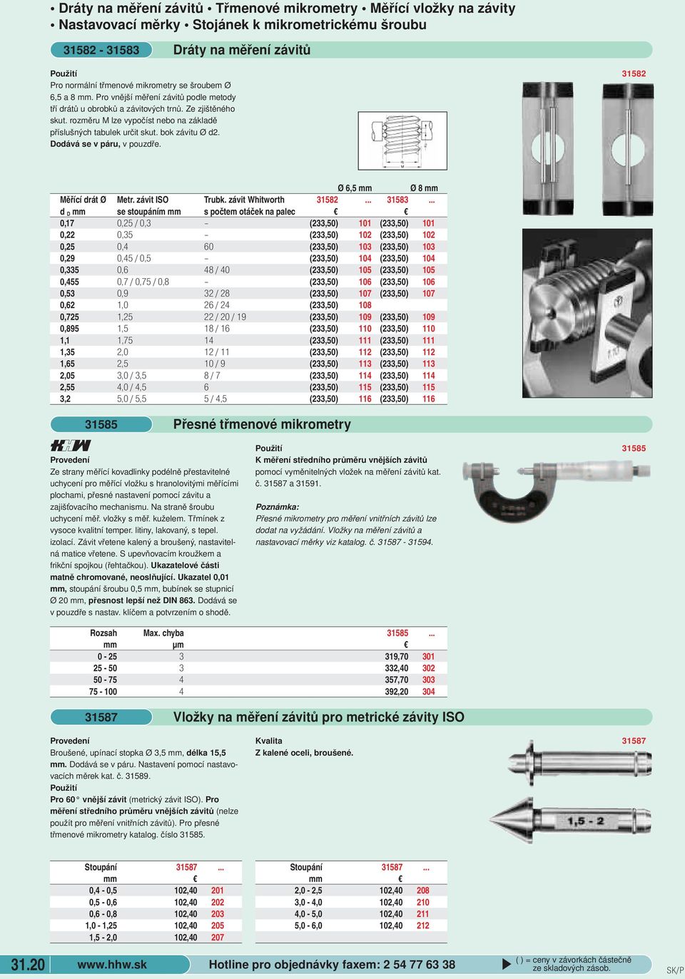 Dodává se v páru, v pouzdře. 31582 Ø 6,5 mm Ø 8 mm Měřící drát Ø Metr. závit ISO Trubk. závit Whitworth 31582... 31583.