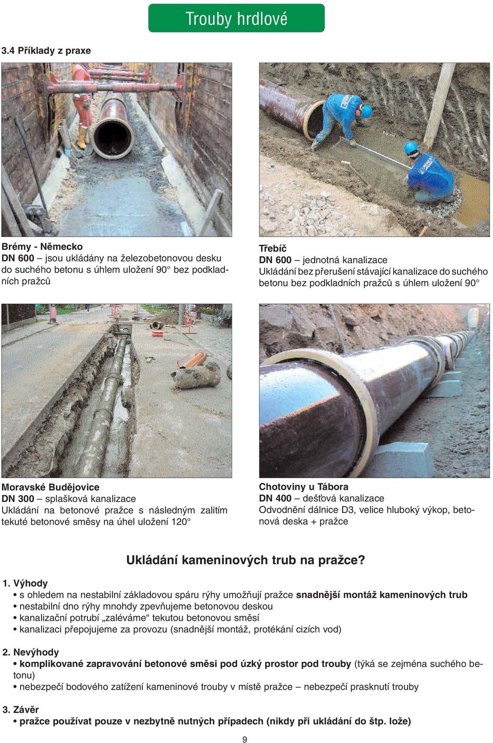 ení stávající kanalizace do suchého betonu bez podkladních praïcû s úhlem uloïení 90 Moravské Budûjovice DN 300 spla ková kanalizace Ukládání na betonové praïce s následn m zalitím tekuté betonové
