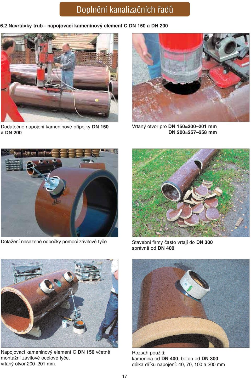 otvor pro DN 150=200 201 mm DN 200=257 258 mm DotaÏení nasazené odboãky pomocí závitové tyãe Stavební firmy ãasto vrtají do
