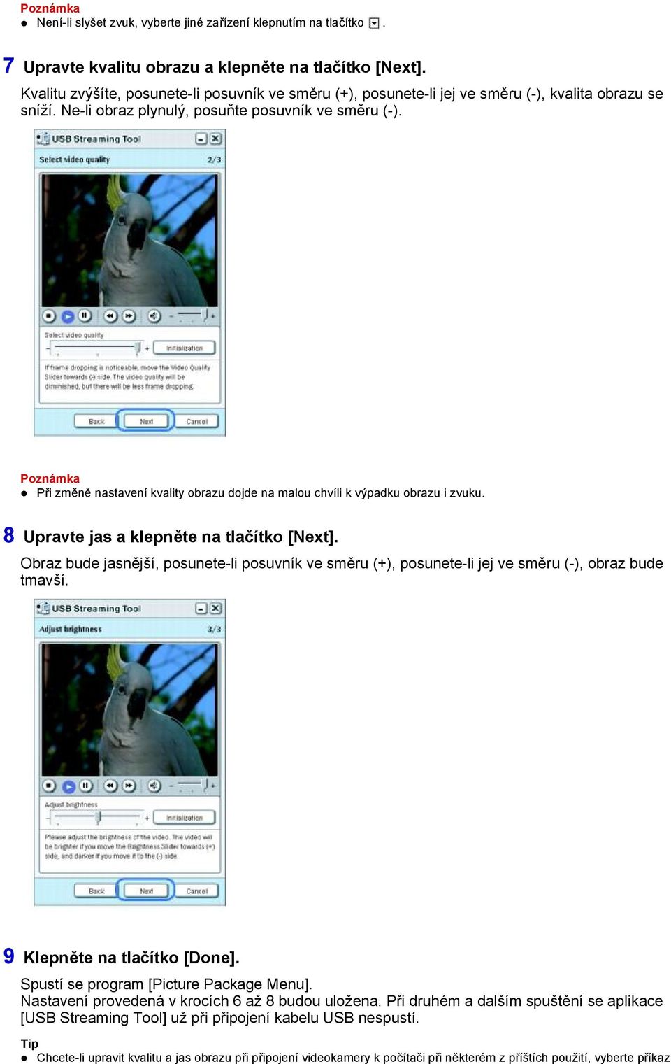Poznámka Při změně nastavení kvality obrazu dojde na malou chvíli k výpadku obrazu i zvuku. 8 Upravte jas a klepněte na tlačítko [Next].
