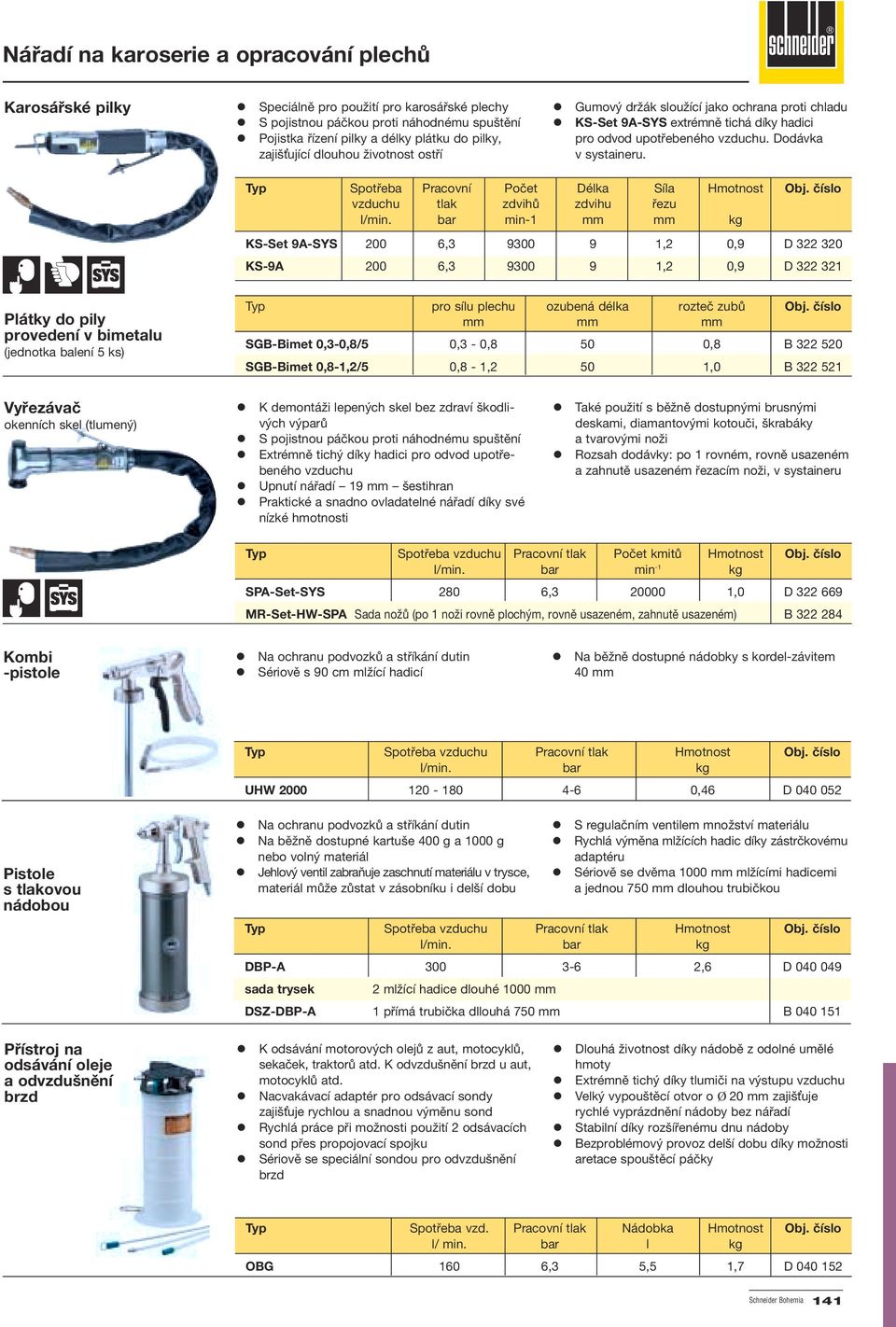 KS-Set 9A-SYS extrémně tichá díky hadici pro odvod upotřebeného vzduchu. Dodávka v systaineru. Typ Spotřeba Pracovní Počet Délka Síla Hmotnost Obj. číslo vzduchu tlak zdvihů zdvihu řezu I/min.