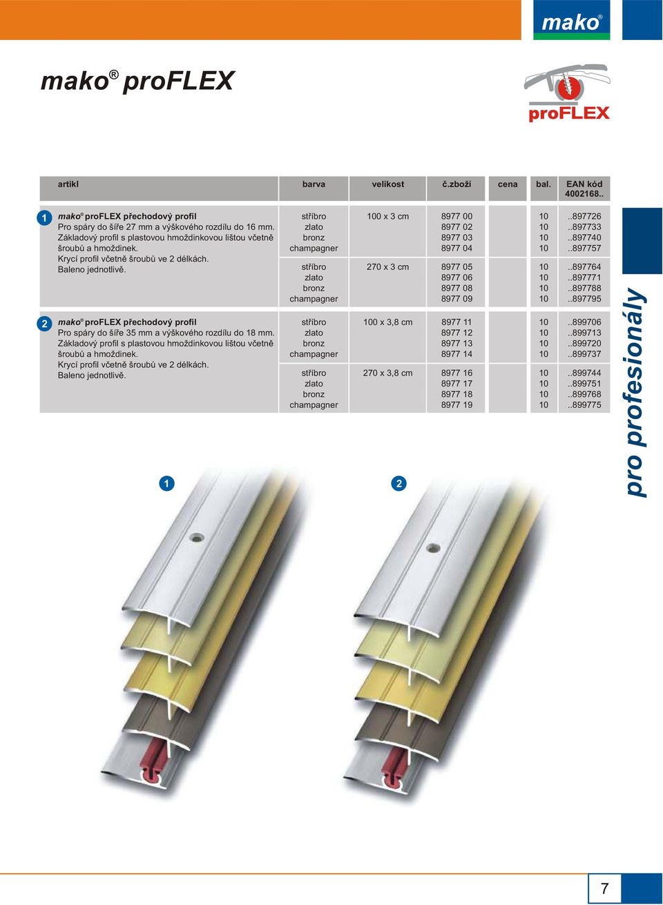 mako proflex pøechodový profil Pro spáry do šíøe mm a výškového rozdílu do 8 mm.