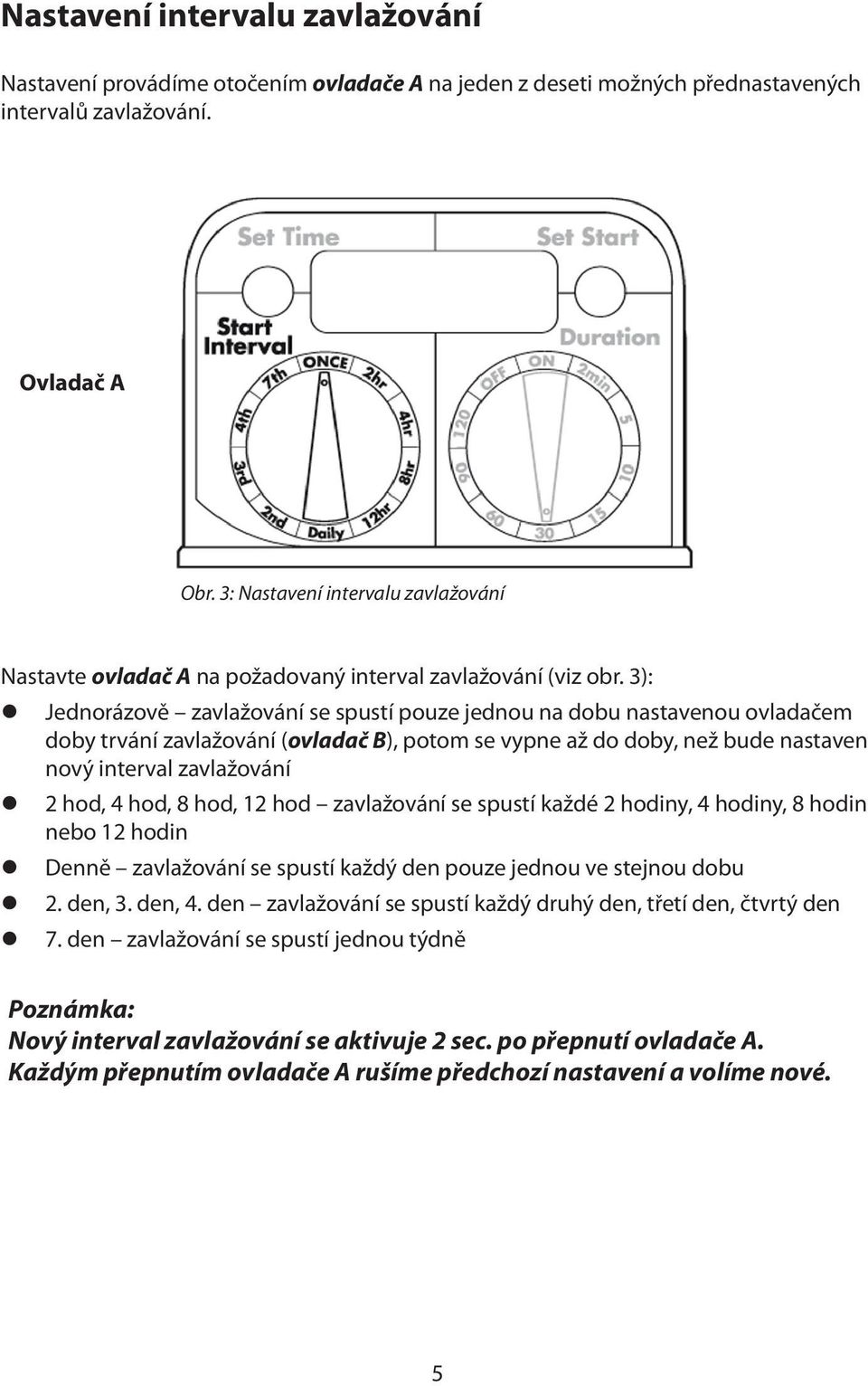 3): z Jednorázově zavlažování se spustí pouze jednou na dobu nastavenou ovladačem doby trvání zavlažování (ovladač B), potom se vypne až do doby, než bude nastaven nový interval zavlažování z 2 hod,