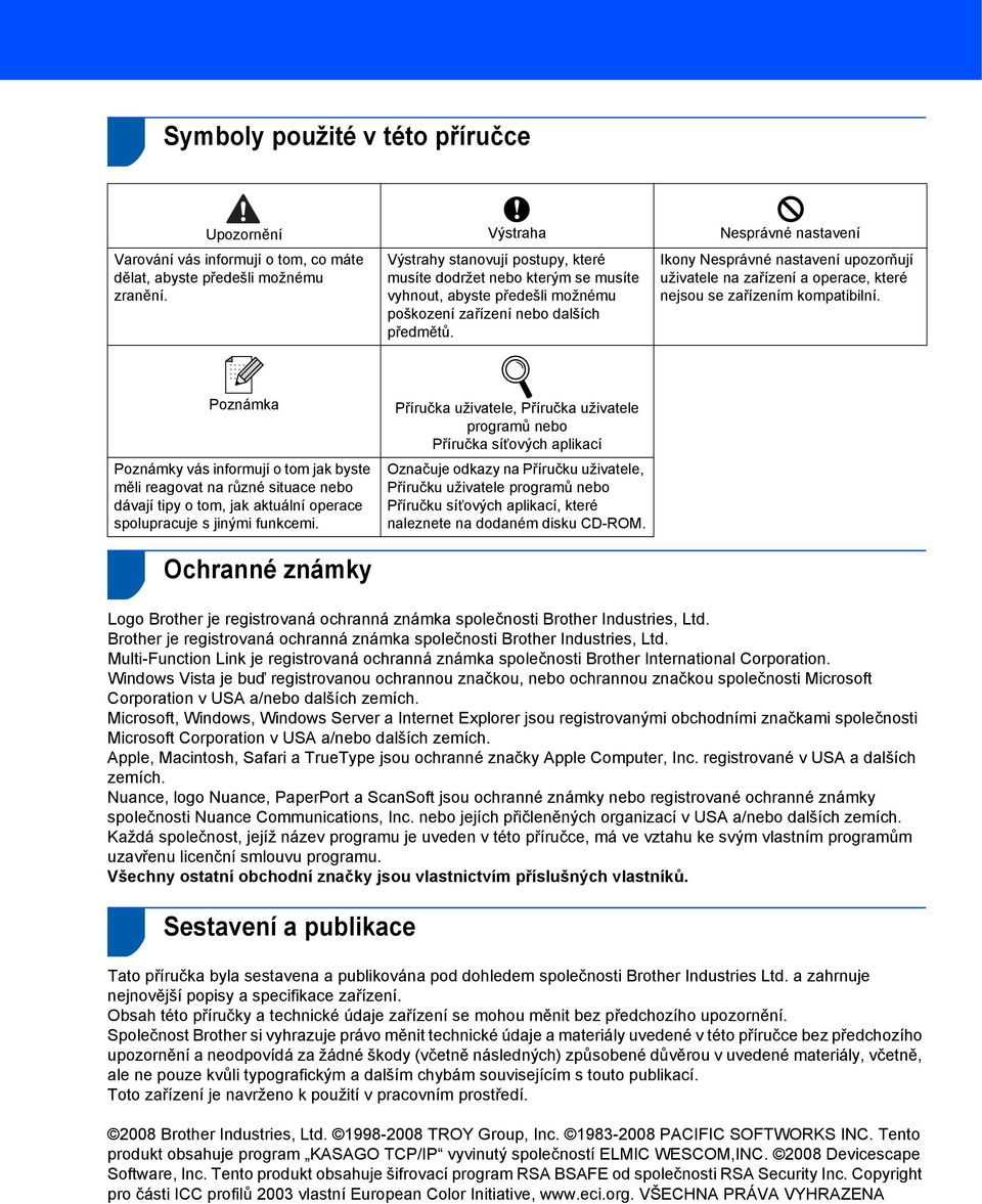 Ikony Nesprávné nastavení upozorňují uživatele na zařízení a operace, které nejsou se zařízením kompatibilní.