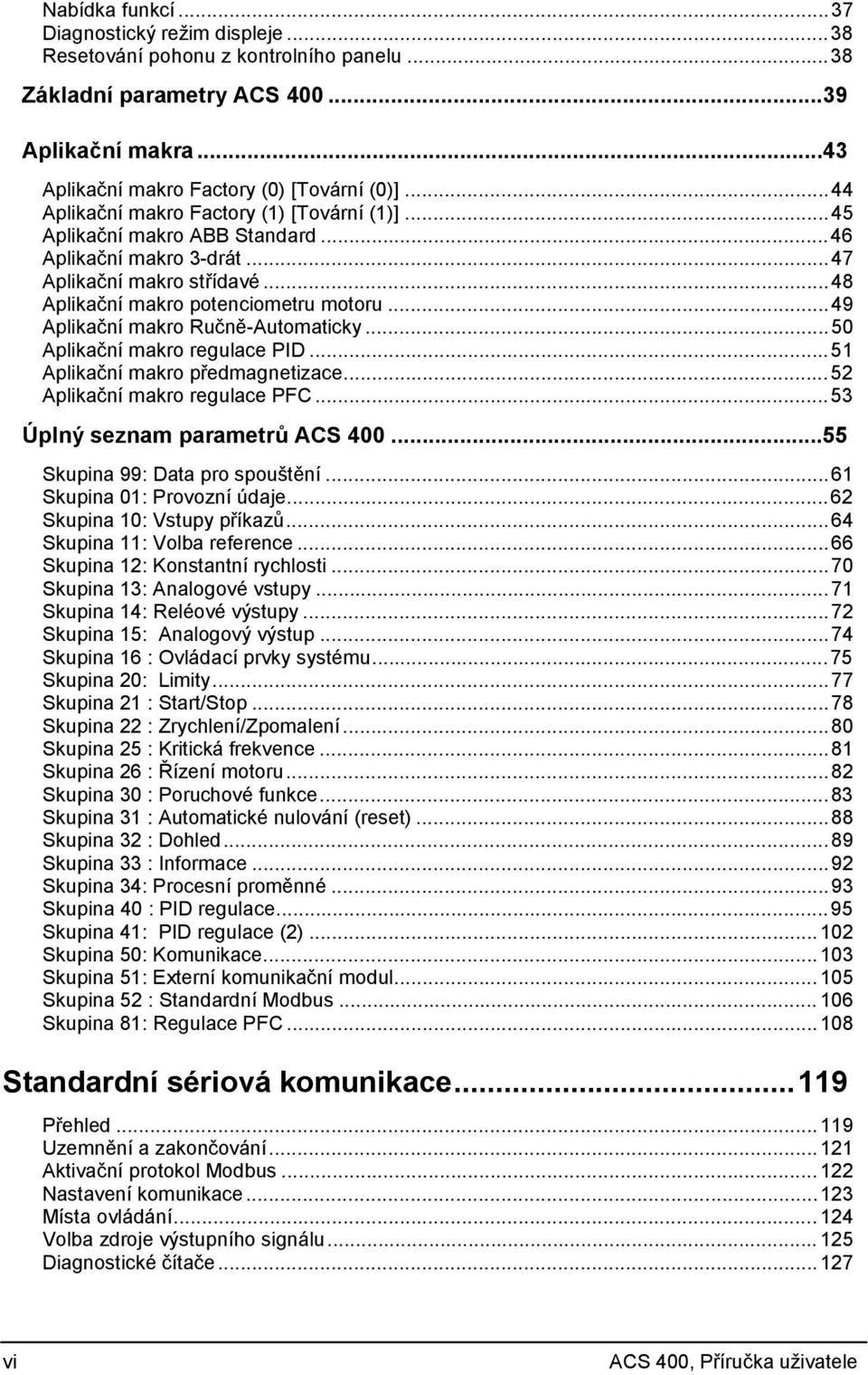 ..49 Aplikační makro Ručně-Automaticky...50 Aplikační makro regulace PID...51 Aplikační makro předmagnetizace...52 Aplikační makro regulace PFC...53 Úplný seznam parametrů ACS 400.