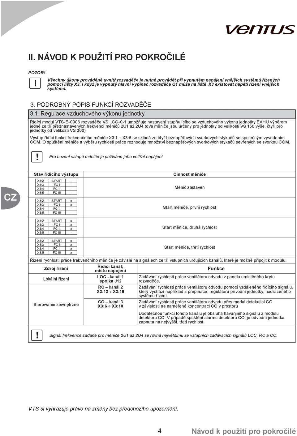 . Regulace vzduchového výkonu jednotky Řídící modul VTS-E-0006 rozvaděče VS.