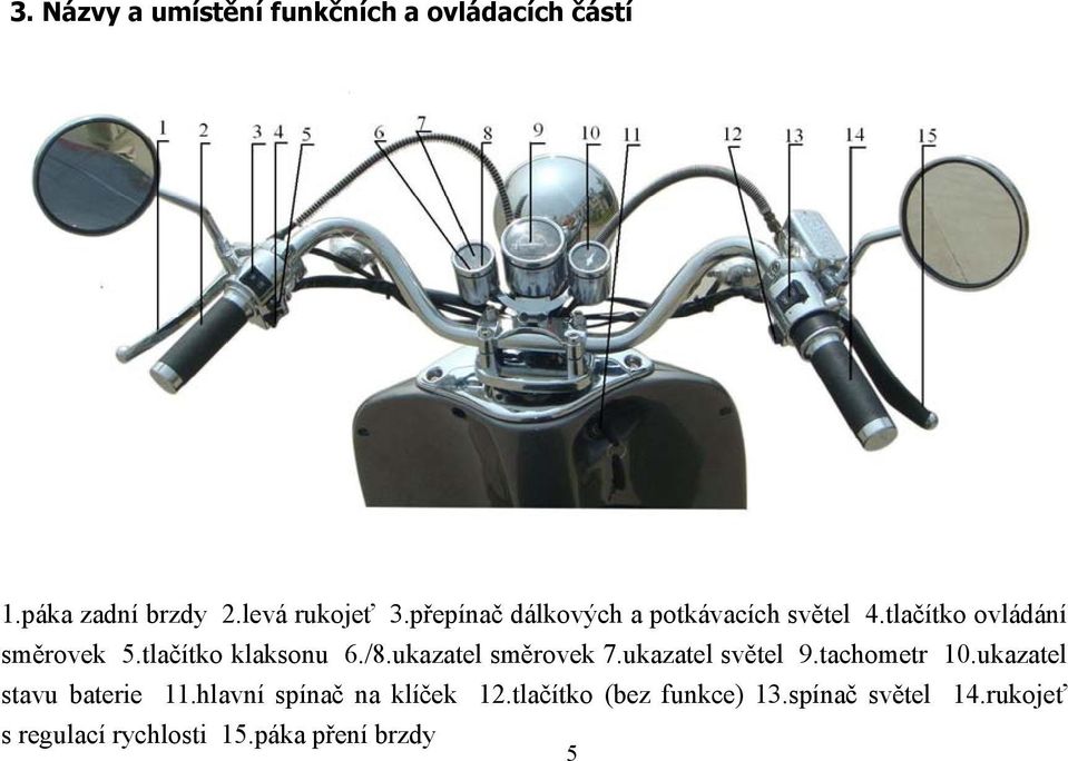 ukazatel směrovek 7.ukazatel světel 9.tachometr 10.ukazatel stavu baterie 11.